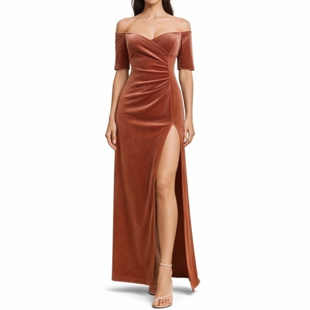Rickie Freeman for Teri Jon Off-Shoulder Maxi Velvet Formal Gown Dress 2 / XS